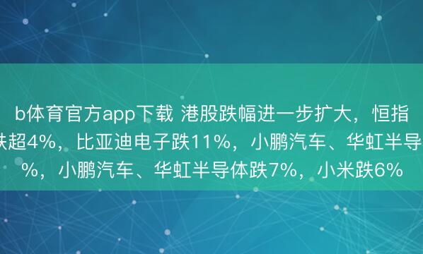 b体育官方app下载 港股跌幅进一步扩大，恒指跌2.4%，恒生科技跌超4%，比亚迪电子跌11%，小鹏汽车、华虹半导体跌7%，小米跌6%